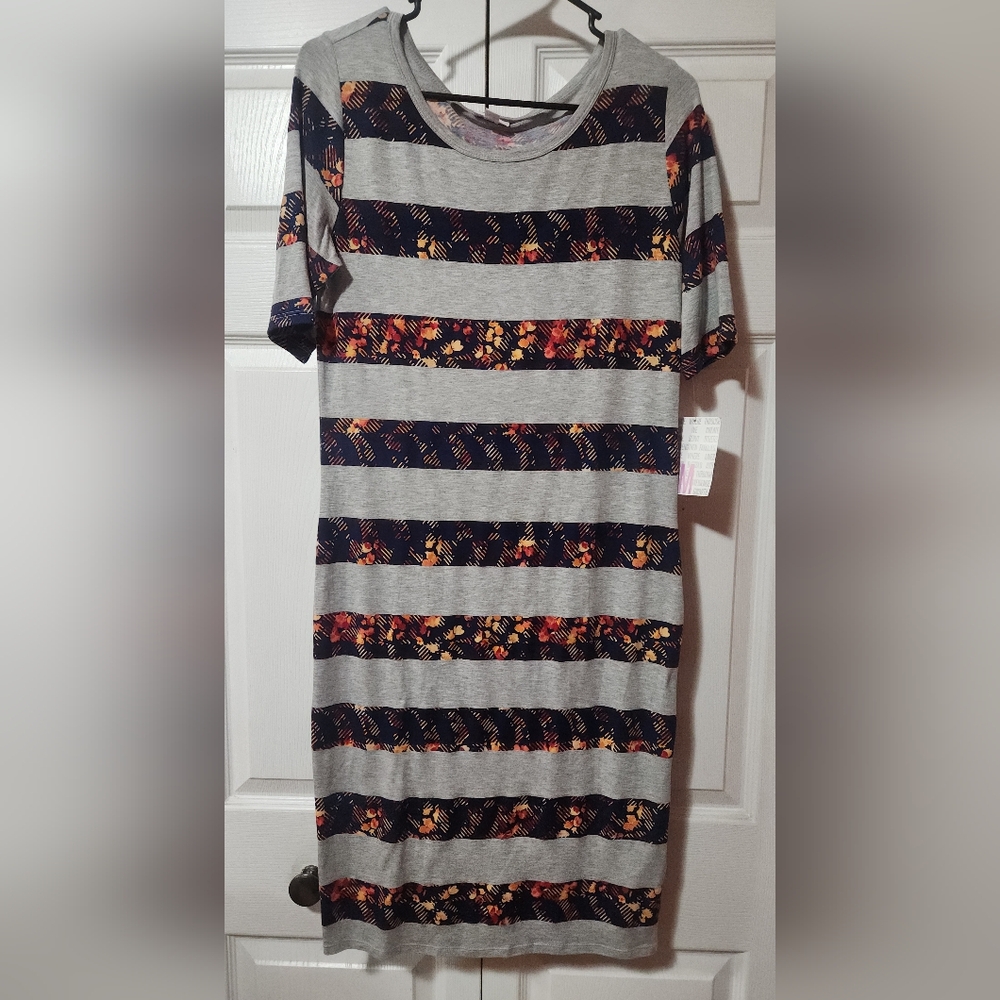 LuLaRoe Gray and Black Floral Striped Mini Dress
